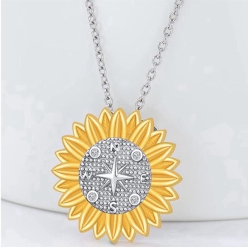 S925 Sterling Silver Compass Sunflower Necklace on 18” S925 Lobster Clasp Chain